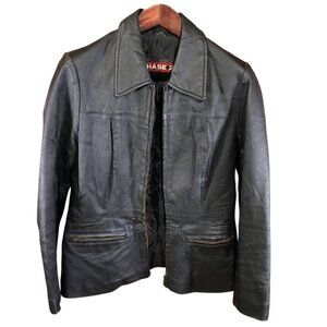 Phase 2 Womens Leather Moto Jacket Medium Black Collared Full Zip Classic Pocket